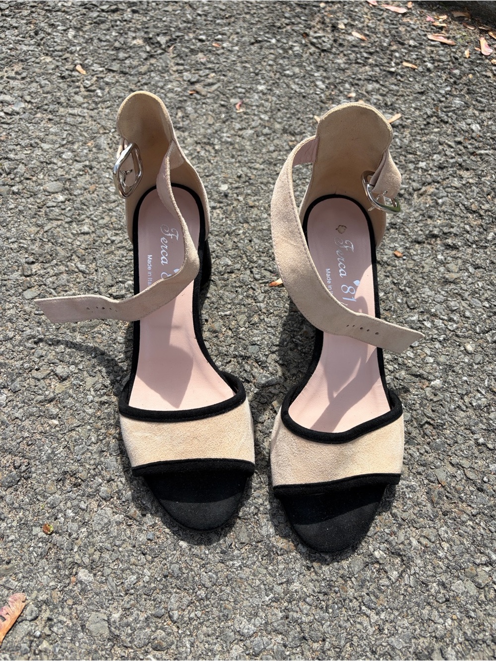 Freda Salvador Beige and Black Ankle-Strap Open-Toe Sandals
